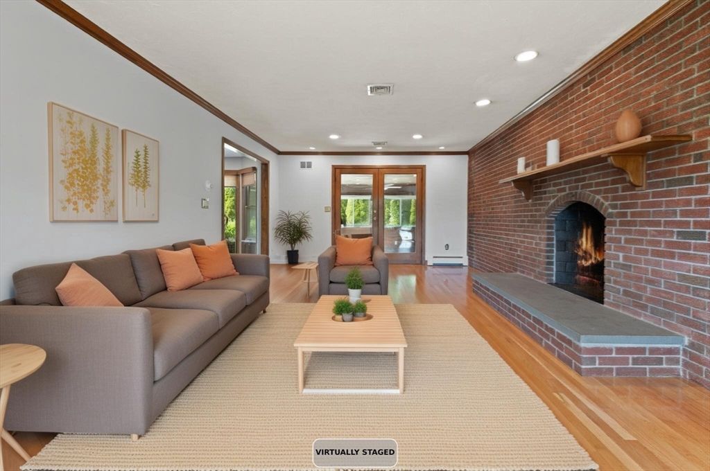 Fireplace, Interior, Living room, Recessed Lighting, Stone Walls, Wood Texture Flooring