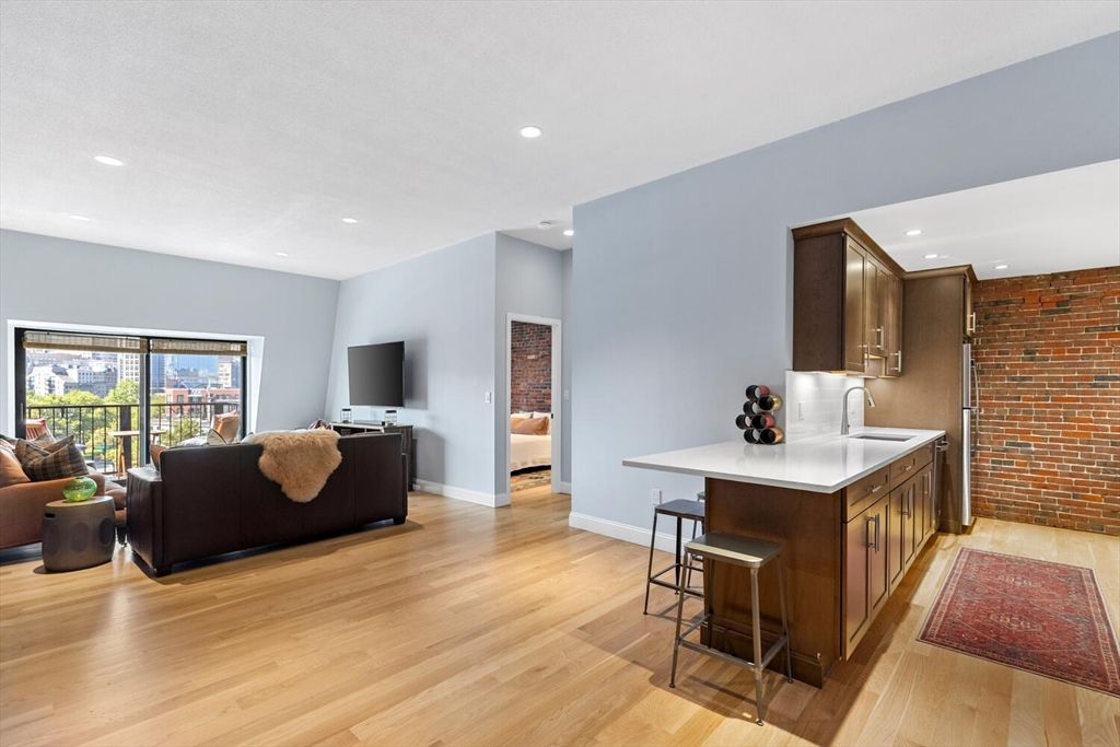 Interior, Kitchen, Living room, Recessed Lighting, Stone Walls, Wood Texture Flooring