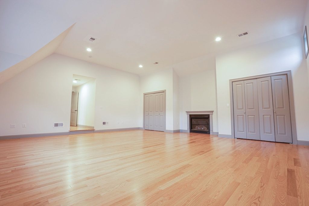 Empty room, Fireplace, Interior, Recessed Lighting, Wood Texture Flooring