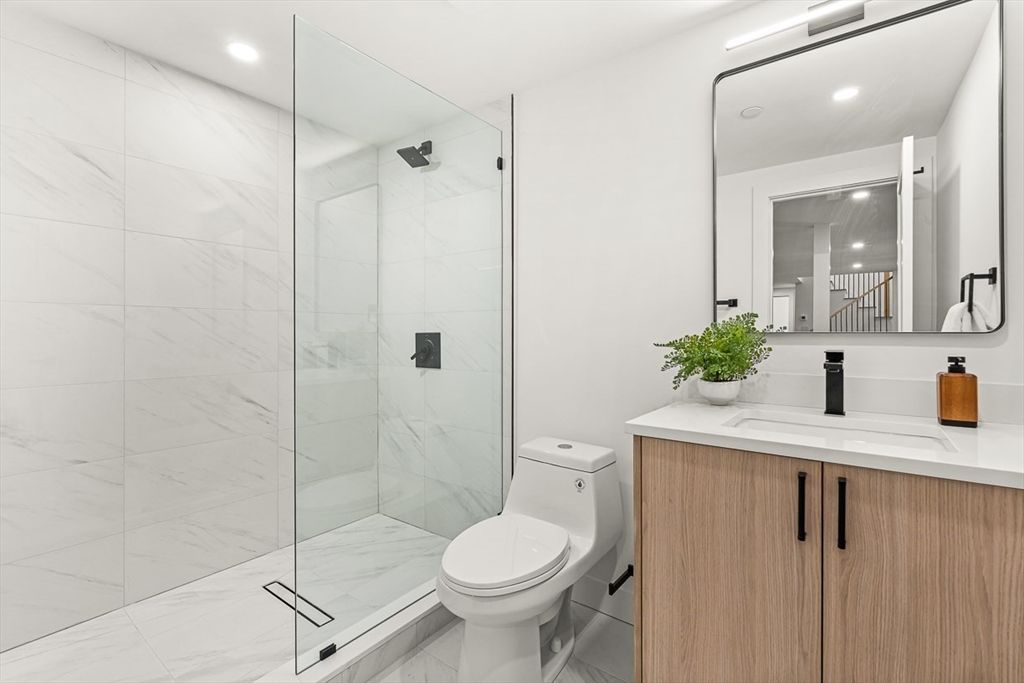 Bathroom, Glass Shower, Interior, Marble, Marble Walls, Recessed Lighting