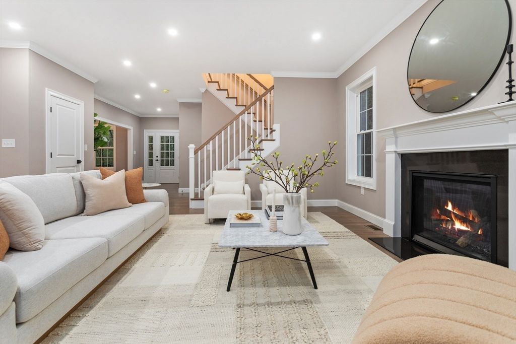 Fireplace, Interior, Living room, Recessed Lighting, Wood Texture Flooring