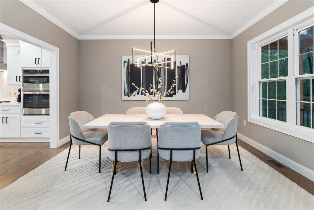 Dining room, Interior, Pendant Lights, Stainless Steel Appliances, Wood Texture Flooring