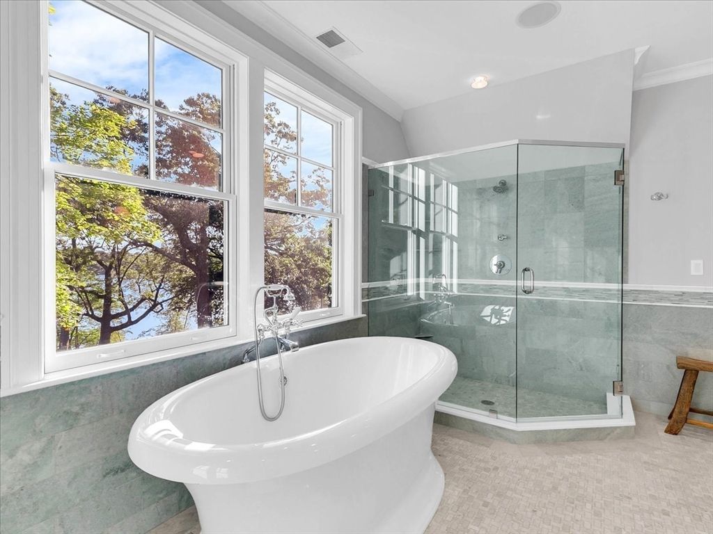 Bathroom, Free Standing Baths, Glass Shower, Interior, Recessed Lighting