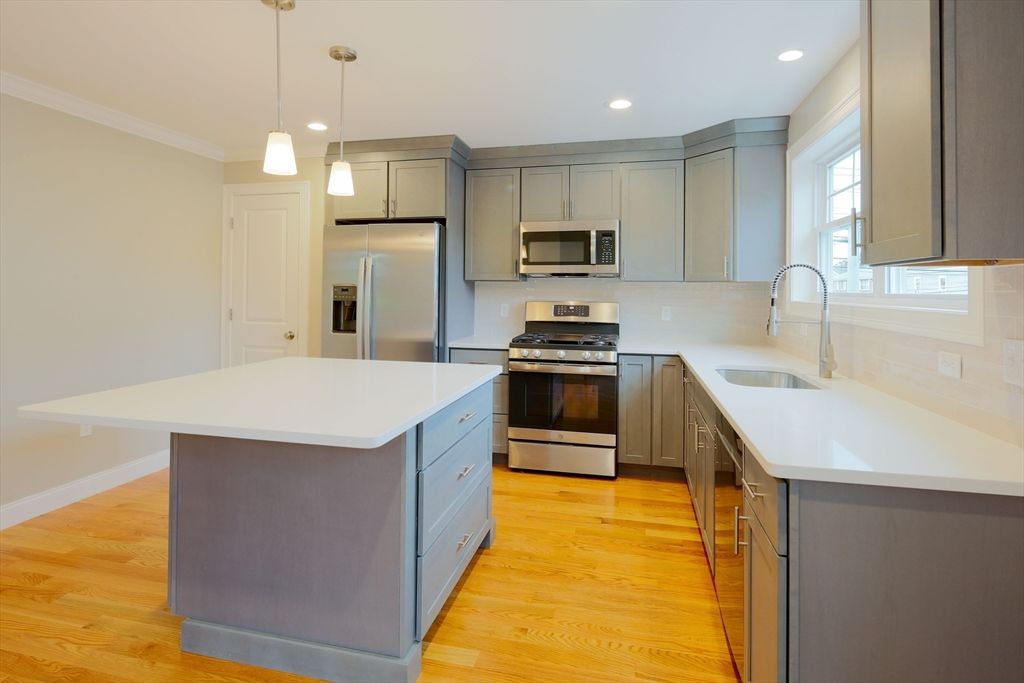 Interior, Kitchen, Pendant Lights, Recessed Lighting, Stainless Steel Appliances, Wood Texture Flooring