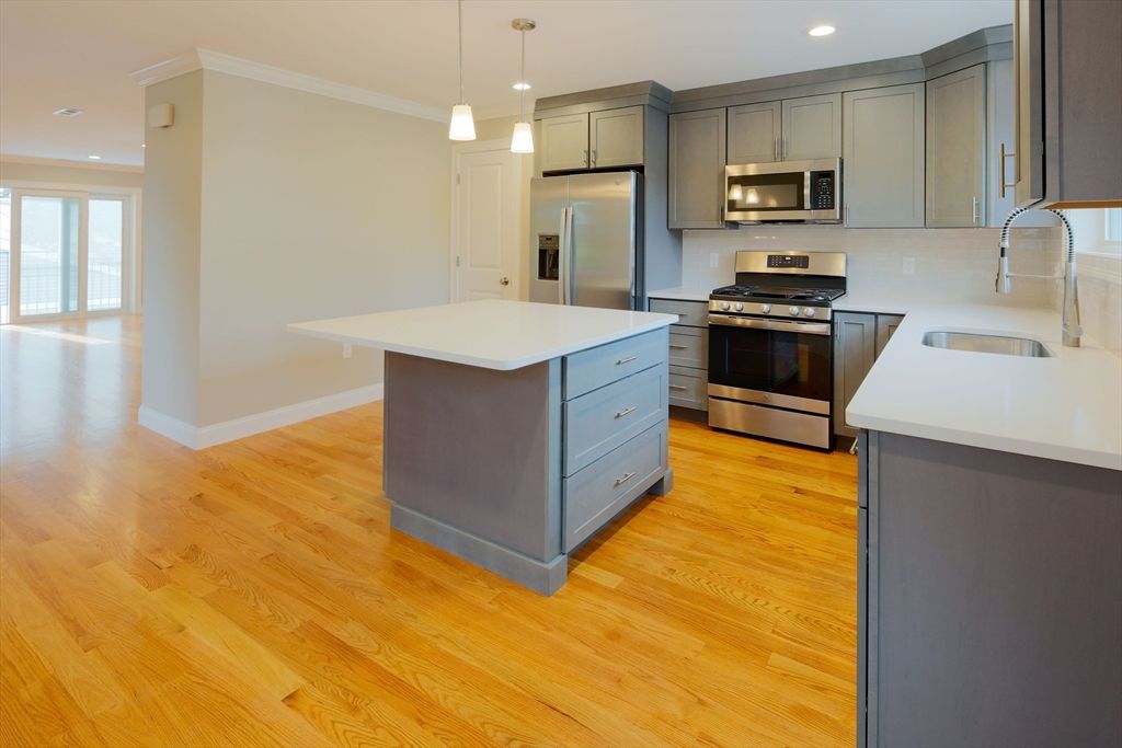 Interior, Kitchen, Pendant Lights, Recessed Lighting, Stainless Steel Appliances, Wood Texture Flooring