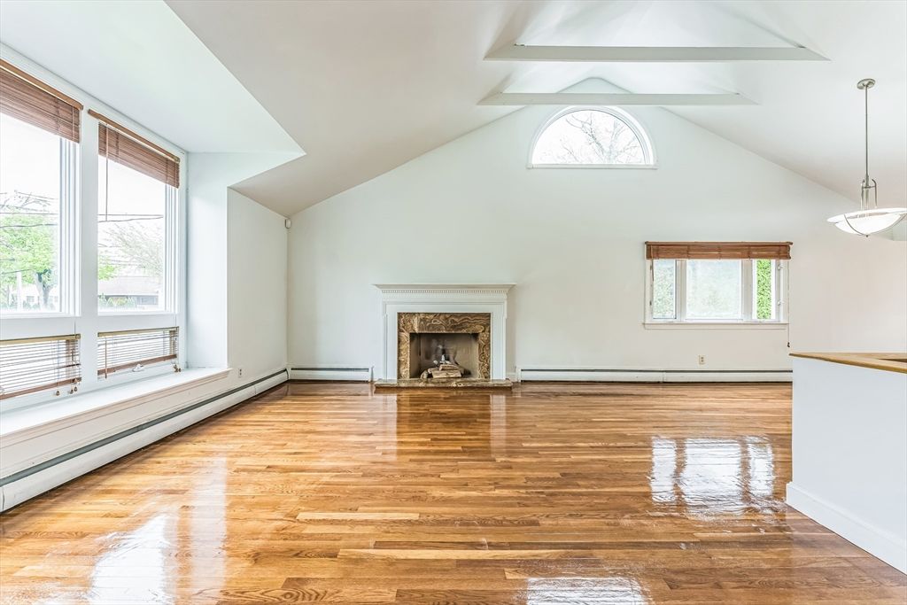 Empty room, Fireplace, Interior, Pendant Lights, Wood Texture Flooring