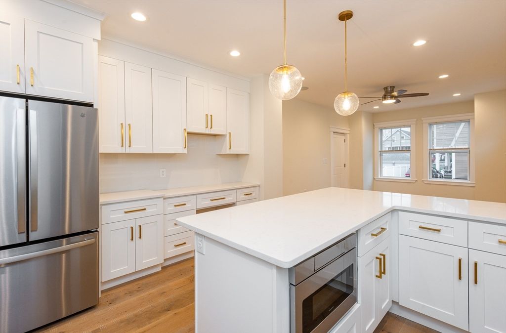 Interior, Kitchen, Pendant Lights, Recessed Lighting, Stainless Steel Appliances, Wood Texture Flooring