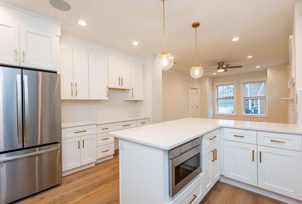 Interior, Kitchen, Pendant Lights, Recessed Lighting, Stainless Steel Appliances, Wood Texture Flooring