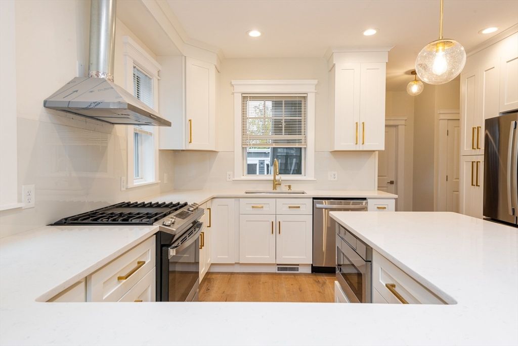 Interior, Kitchen, Pendant Lights, Recessed Lighting, Stainless Steel Appliances, Wood Texture Flooring