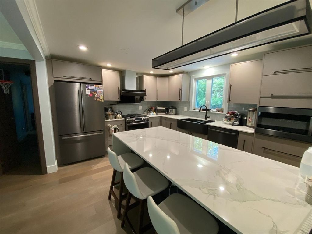 Interior, Kitchen, Pendant Lights, Recessed Lighting, Stainless Steel Appliances, Wood Texture Flooring
