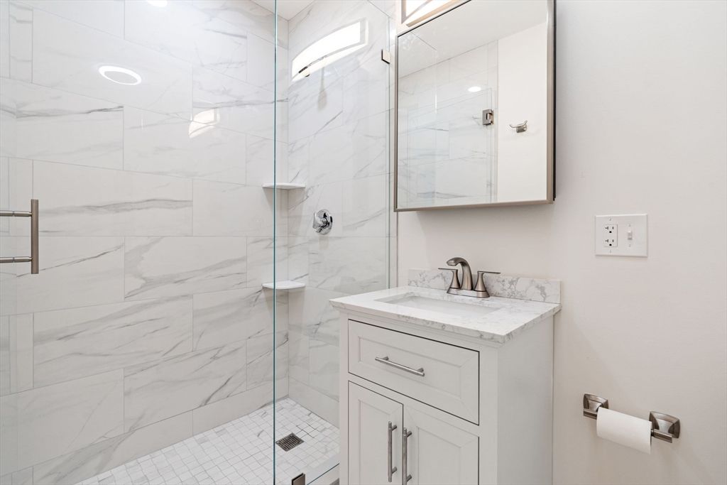 Bathroom, Glass Shower, Interior, Marble Walls, Recessed Lighting