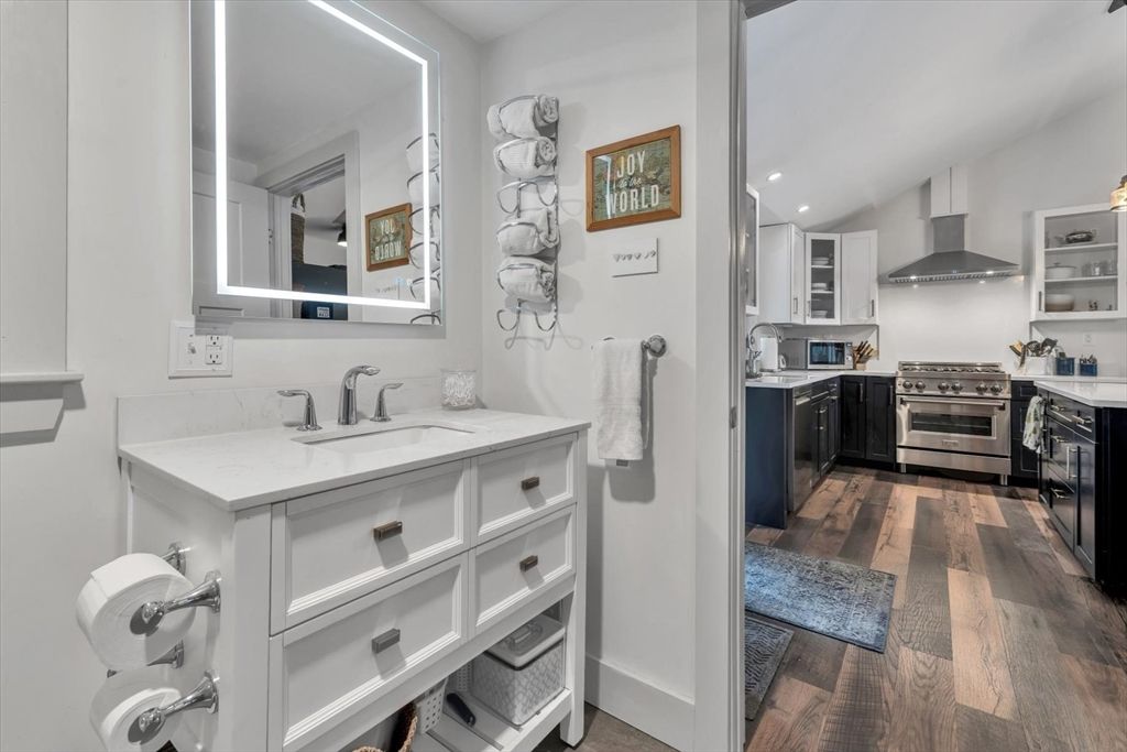 Bathroom, Interior, Kitchen, Recessed Lighting, Stainless Steel Appliances, Wood Texture Flooring