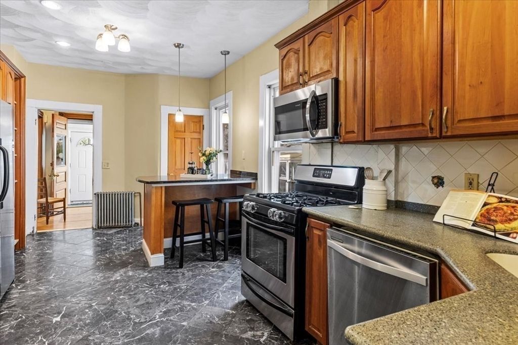 Interior, Kitchen, Marble, Pendant Lights, Recessed Lighting, Stainless Steel Appliances