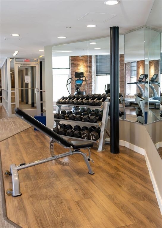 Fitness Equipment, Interior, Recessed Lighting, Stone Walls, Wood Texture Flooring