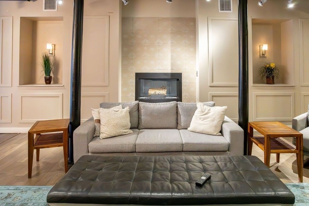 Fireplace, Interior, Recessed Lighting, Wood Texture Flooring
