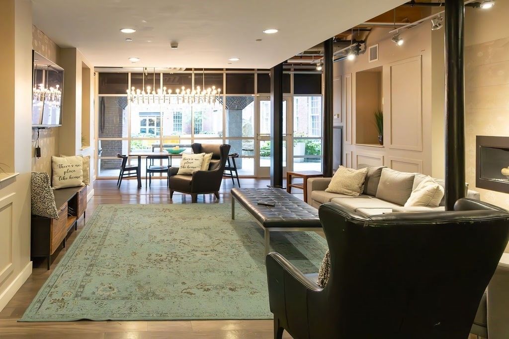 Dining room, Fireplace, Interior, Living room, Pendant Lights, Recessed Lighting, Wood Texture Flooring