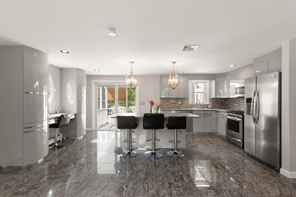 Interior, Kitchen, Marble, Pendant Lights, Recessed Lighting, Stainless Steel Appliances