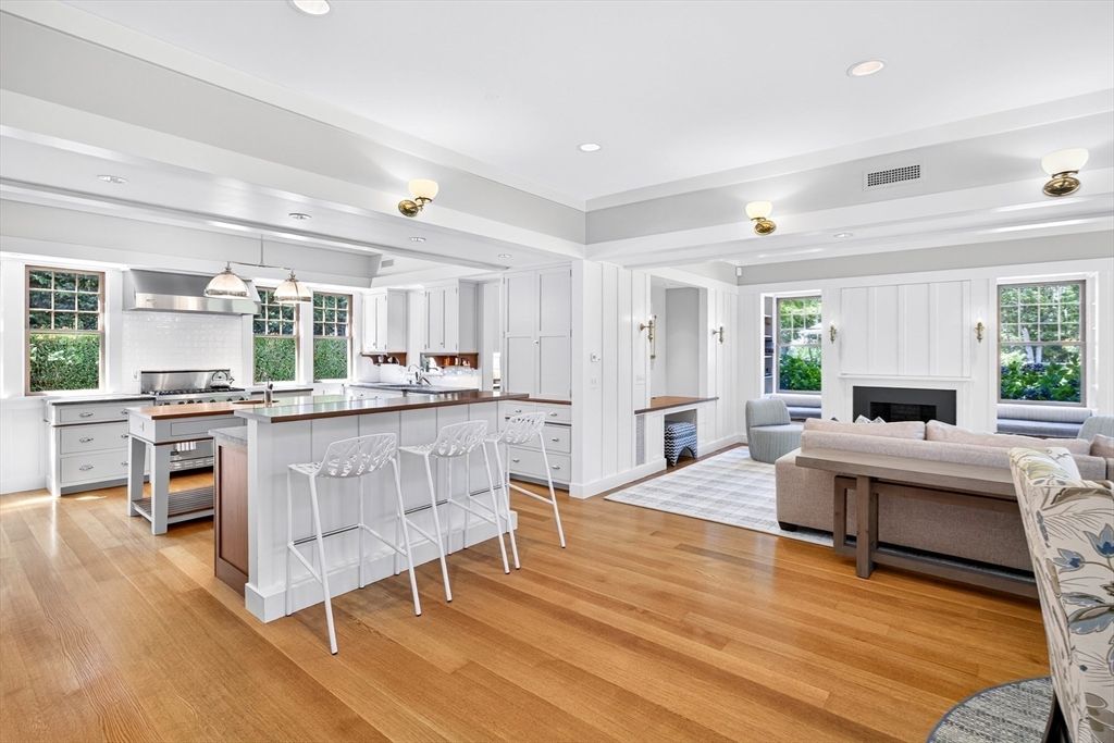 Fireplace, Interior, Kitchen, Living room, Recessed Lighting, Wood Texture Flooring