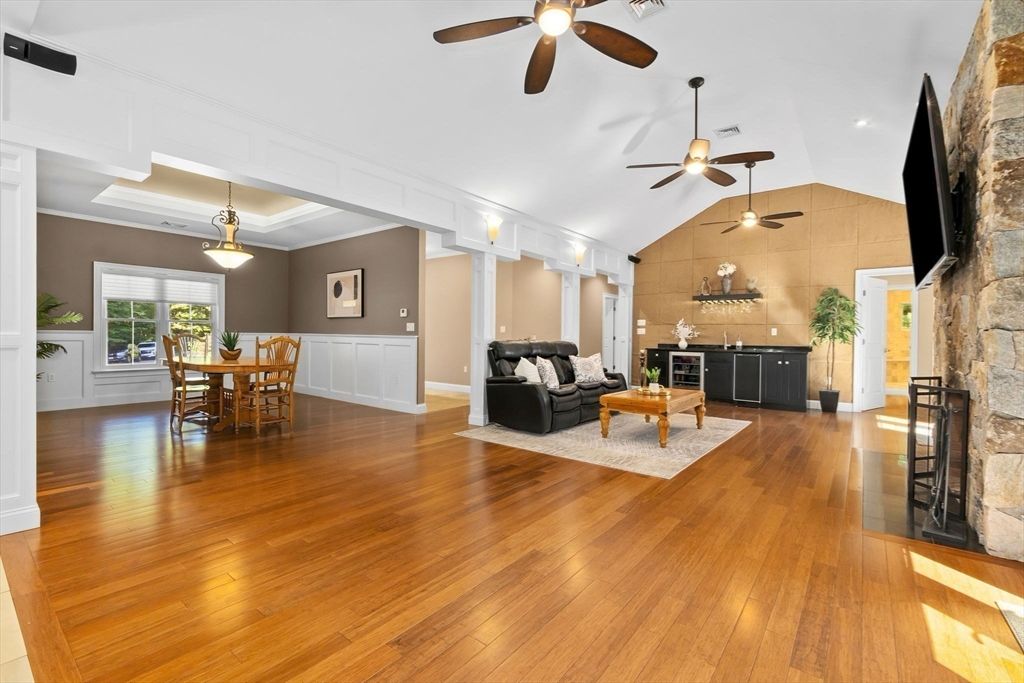 Dining room, Fireplace, Interior, Living room, Pendant Lights, Stone Walls, Wood Texture Flooring
