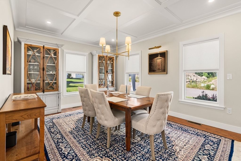 Dining room, Interior, Pendant Lights, Recessed Lighting, Wood Texture Flooring