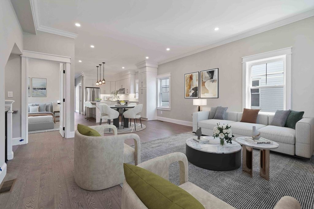Dining room, Interior, Kitchen, Living room, Pendant Lights, Recessed Lighting, Stainless Steel Appliances, Wood Texture Flooring