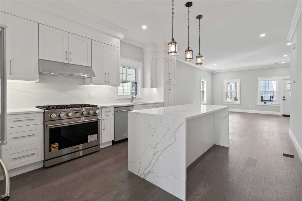 Interior, Kitchen, Pendant Lights, Recessed Lighting, Stainless Steel Appliances, Wood Texture Flooring