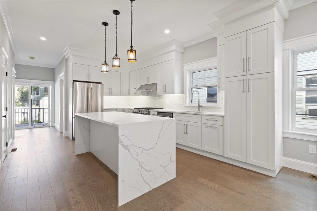 Interior, Kitchen, Pendant Lights, Recessed Lighting, Stainless Steel Appliances, Wood Texture Flooring