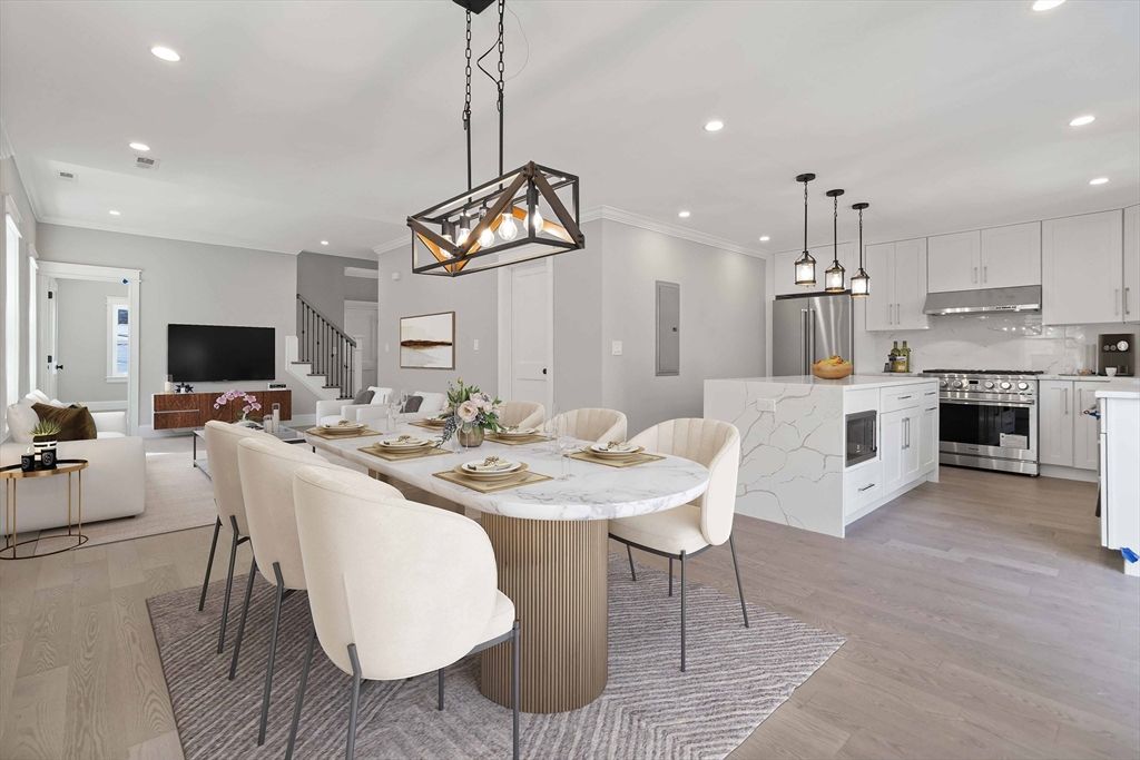 Dining room, Interior, Kitchen, Living room, Pendant Lights, Recessed Lighting, Stainless Steel Appliances, Wood Texture Flooring