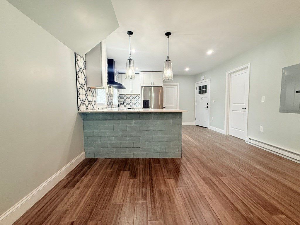 Interior, Kitchen, Pendant Lights, Recessed Lighting, Stainless Steel Appliances, Wood Texture Flooring