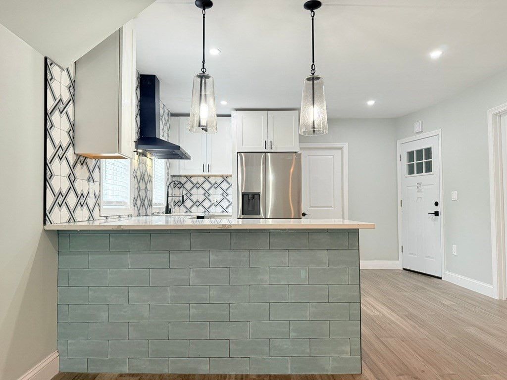 Interior, Kitchen, Pendant Lights, Recessed Lighting, Stainless Steel Appliances, Wood Texture Flooring
