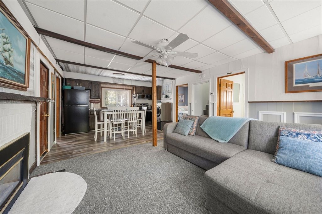 Dining room, Fireplace, Interior, Living room, Wooden Beams, Wood Texture Flooring