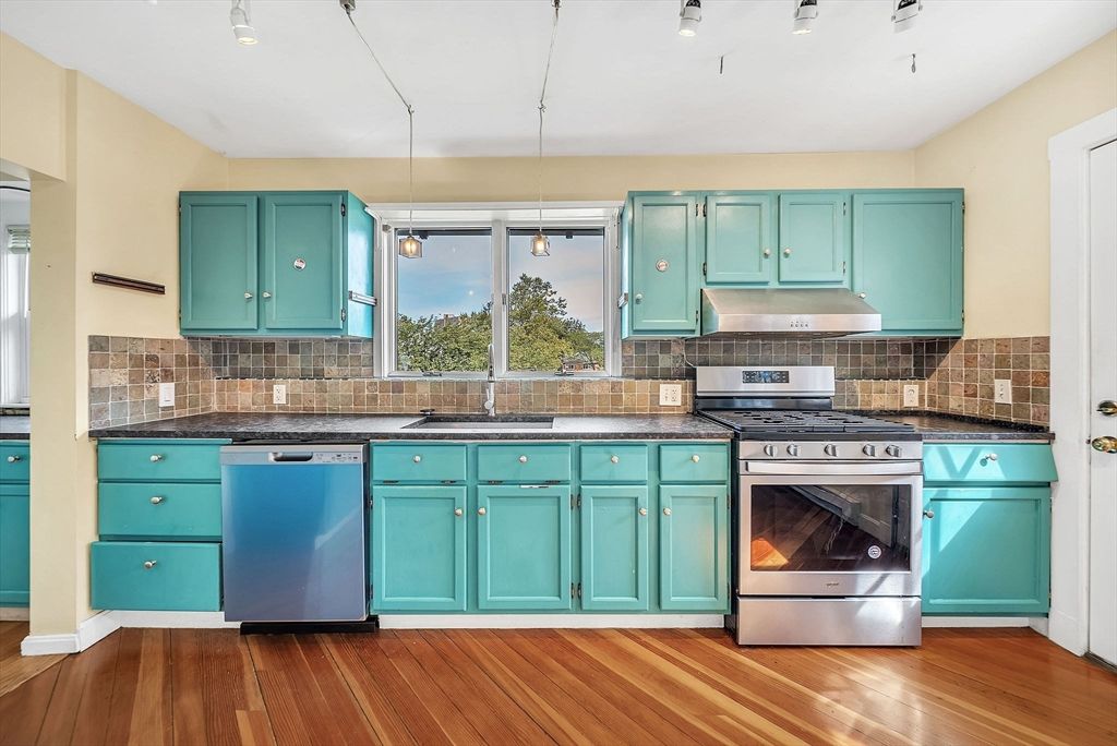 Interior, Kitchen, Pendant Lights, Stainless Steel Appliances, Wood Texture Flooring