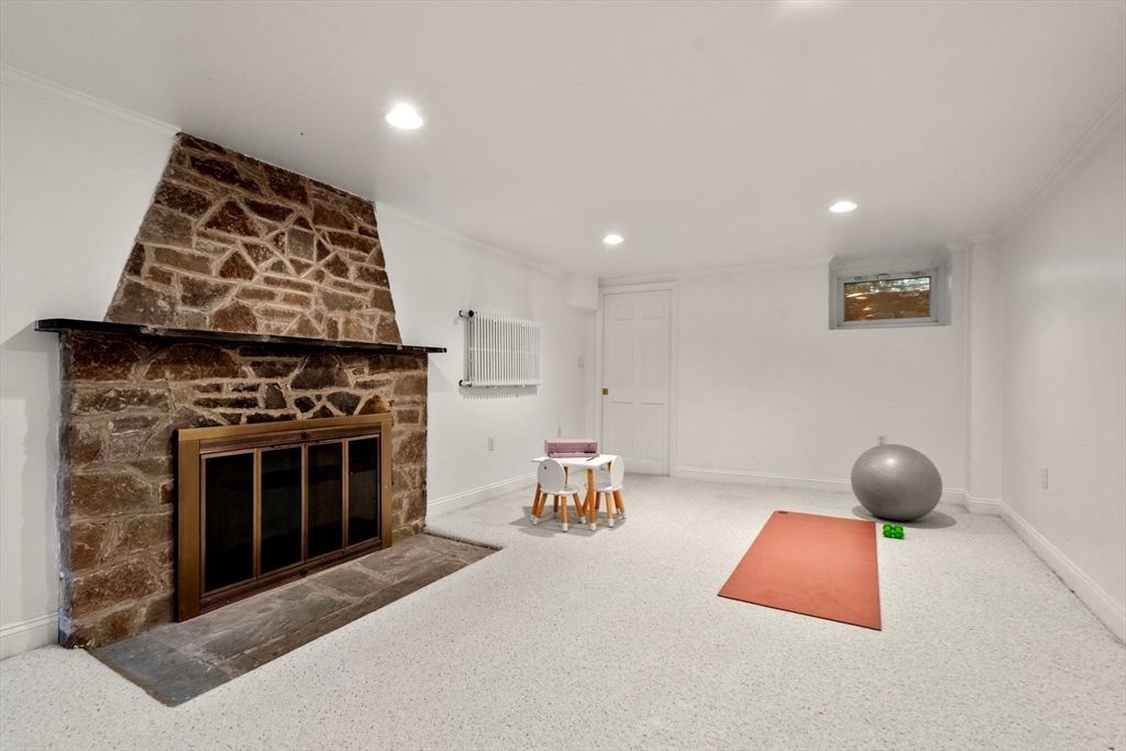 Fireplace, Interior, Recessed Lighting, Stone Walls
