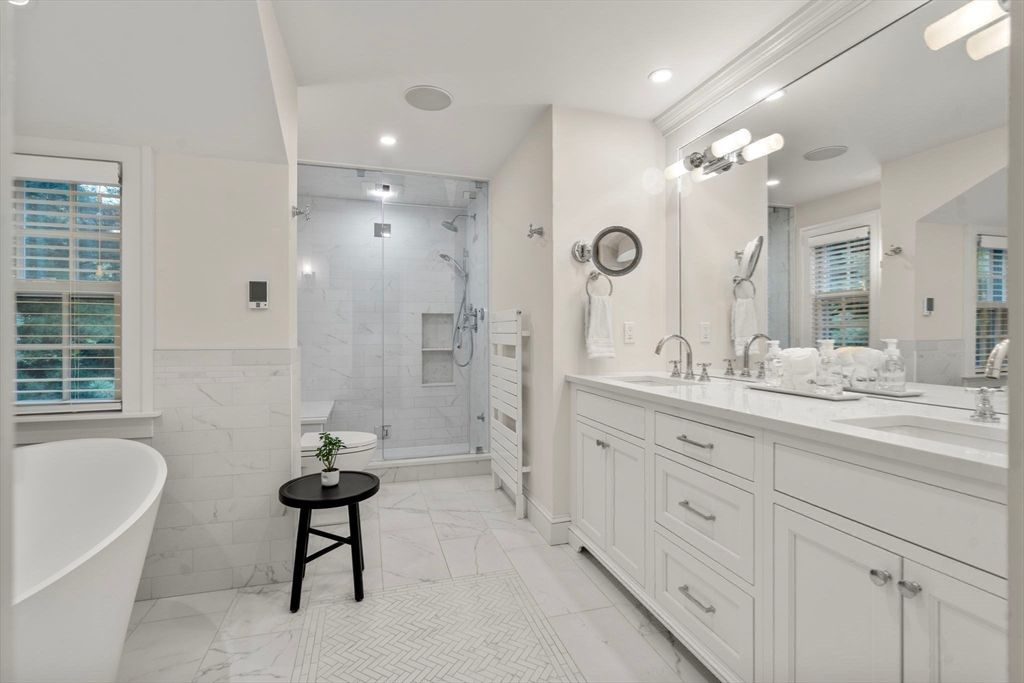 Bathroom, Dual Sink Vanities, Free Standing Baths, Glass Shower, Interior, Marble, Marble Walls, Recessed Lighting