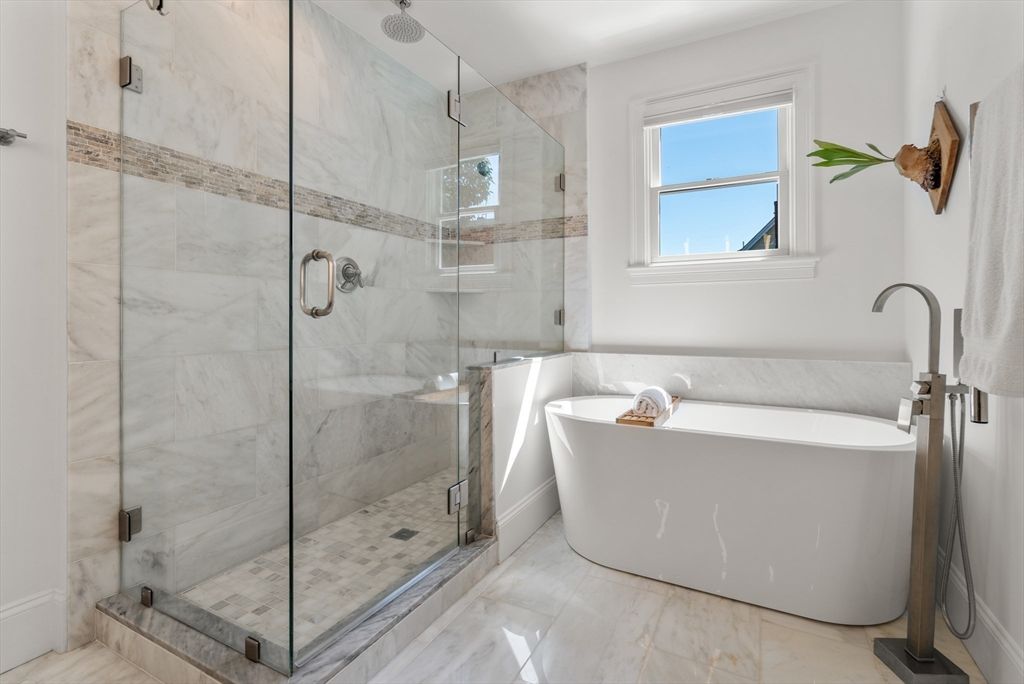 Bathroom, Free Standing Baths, Glass Shower, Interior, Marble Walls