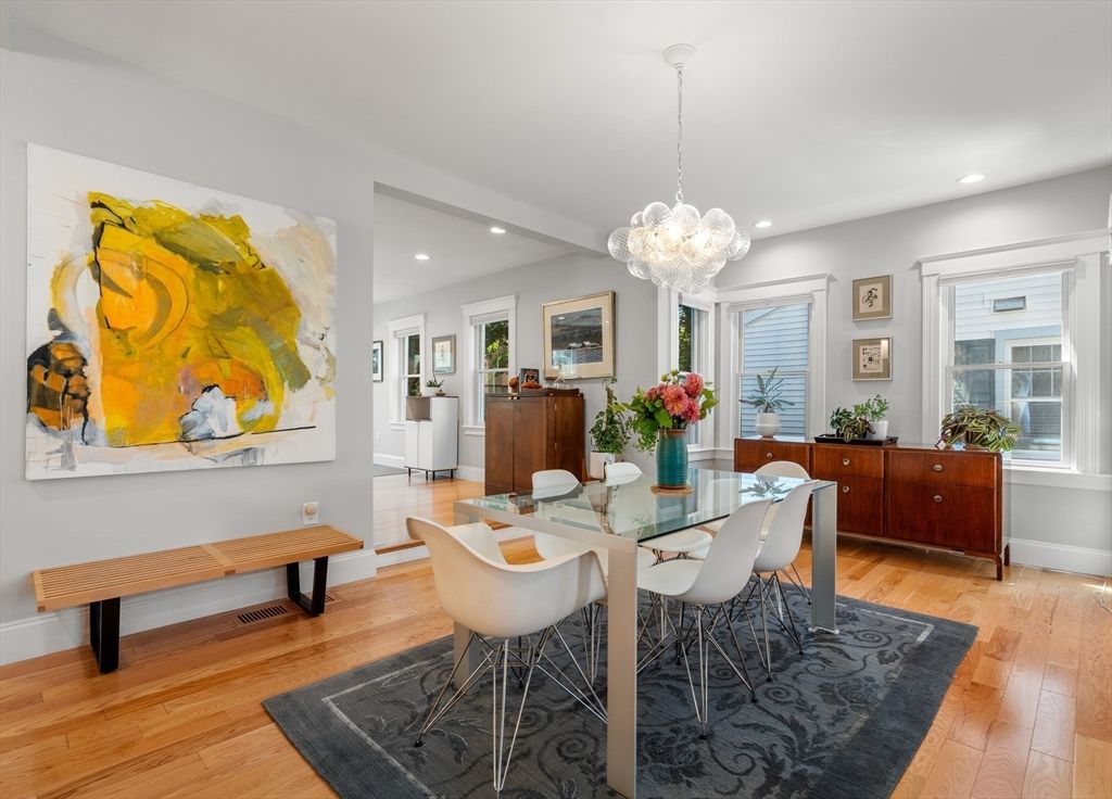 Dining room, Interior, Pendant Lights, Recessed Lighting, Wood Texture Flooring