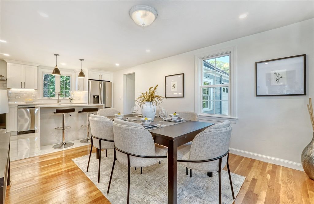 Dining room, Interior, Kitchen, Pendant Lights, Recessed Lighting, Stainless Steel Appliances, Wood Texture Flooring
