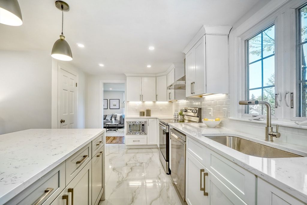 Interior, Kitchen, Marble, Pendant Lights, Recessed Lighting, Stainless Steel Appliances