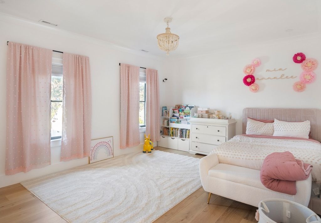 Bedroom, Chandelier, Interior, Wood Texture Flooring
