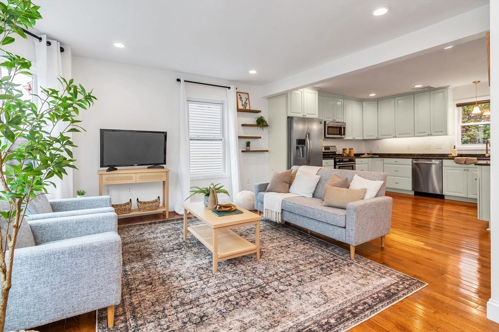 Interior, Kitchen, Living room, Recessed Lighting, Stainless Steel Appliances, Wood Texture Flooring