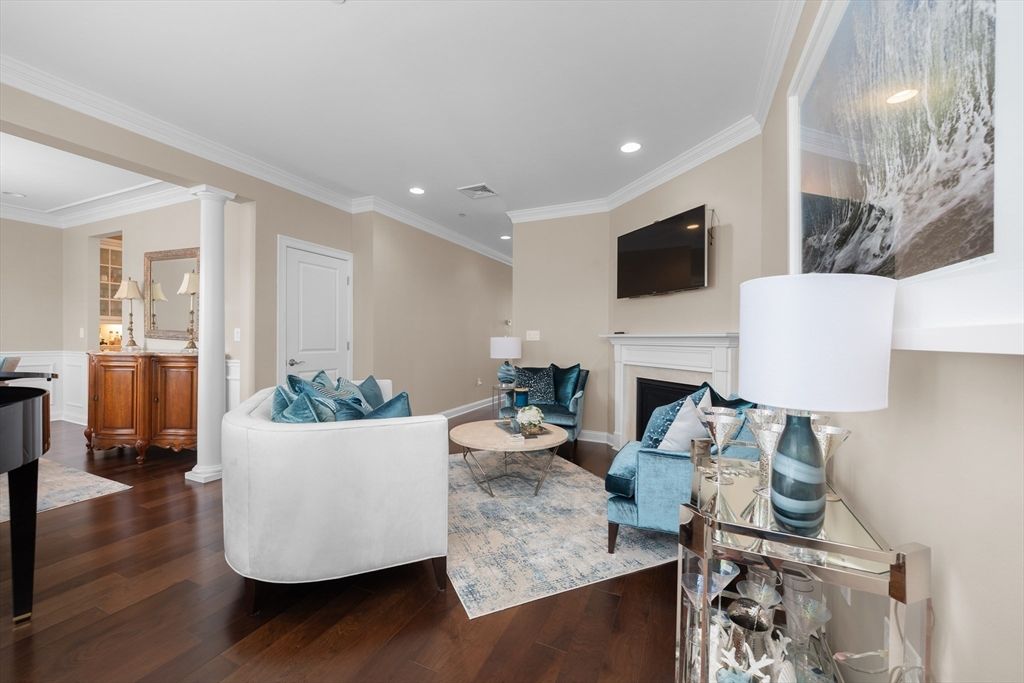 Fireplace, Interior, Living room, Recessed Lighting, Wood Texture Flooring