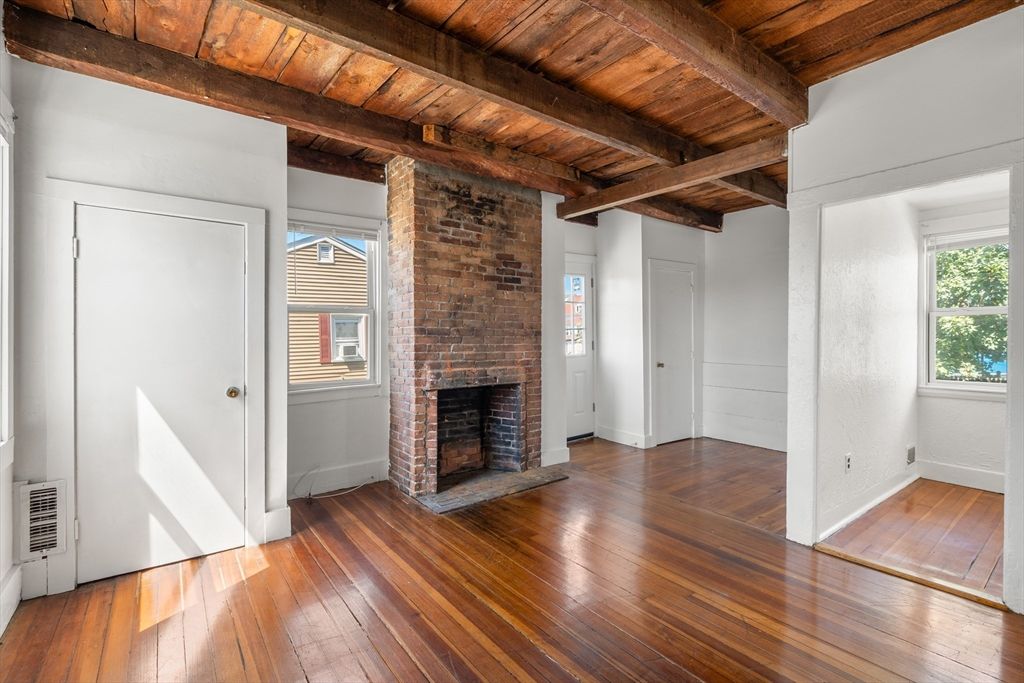 Empty room, Fireplace, Interior, Wooden Beams, Wooden Ceilings, Wood Texture Flooring