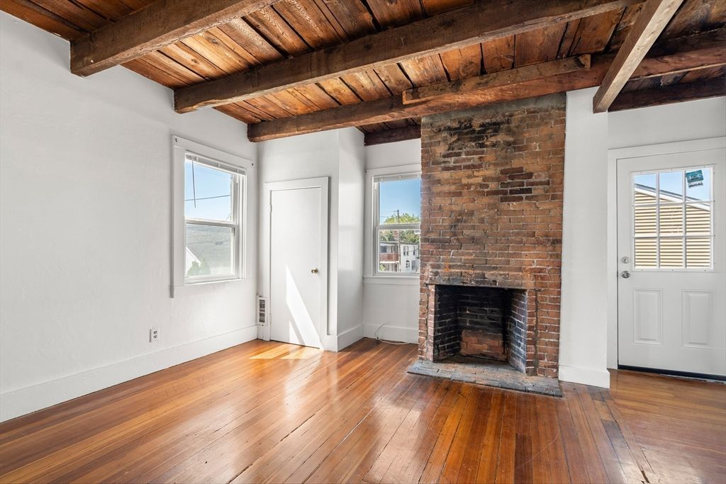Empty room, Fireplace, Interior, Wooden Beams, Wooden Ceilings, Wood Texture Flooring