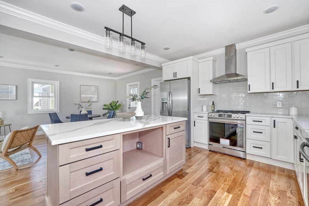 Interior, Kitchen, Pendant Lights, Recessed Lighting, Stainless Steel Appliances, Wood Texture Flooring