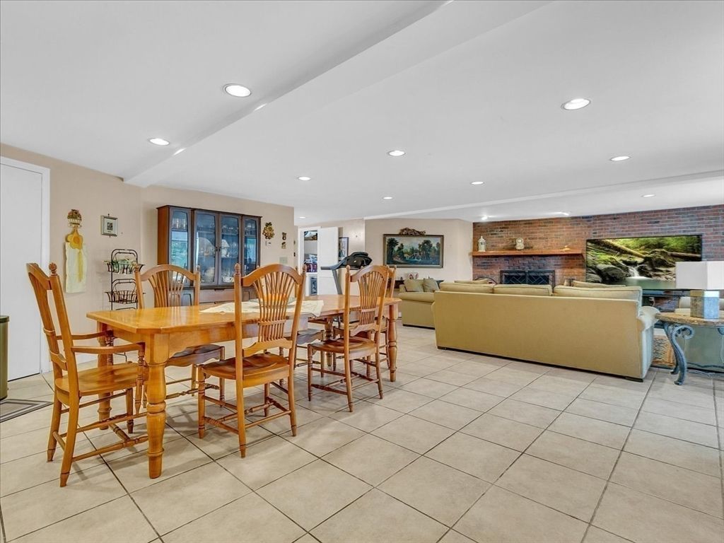Dining room, Fireplace, Interior, Living room, Recessed Lighting, Stone Walls