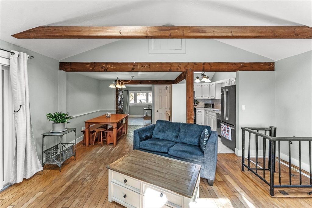 Dining room, Interior, Kitchen, Living room, Pendant Lights, Wooden Beams, Wood Texture Flooring