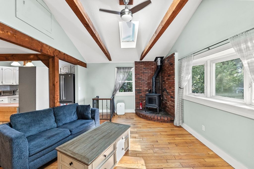 Fireplace, Interior, Living room, Stone Walls, Wooden Beams, Wood Texture Flooring