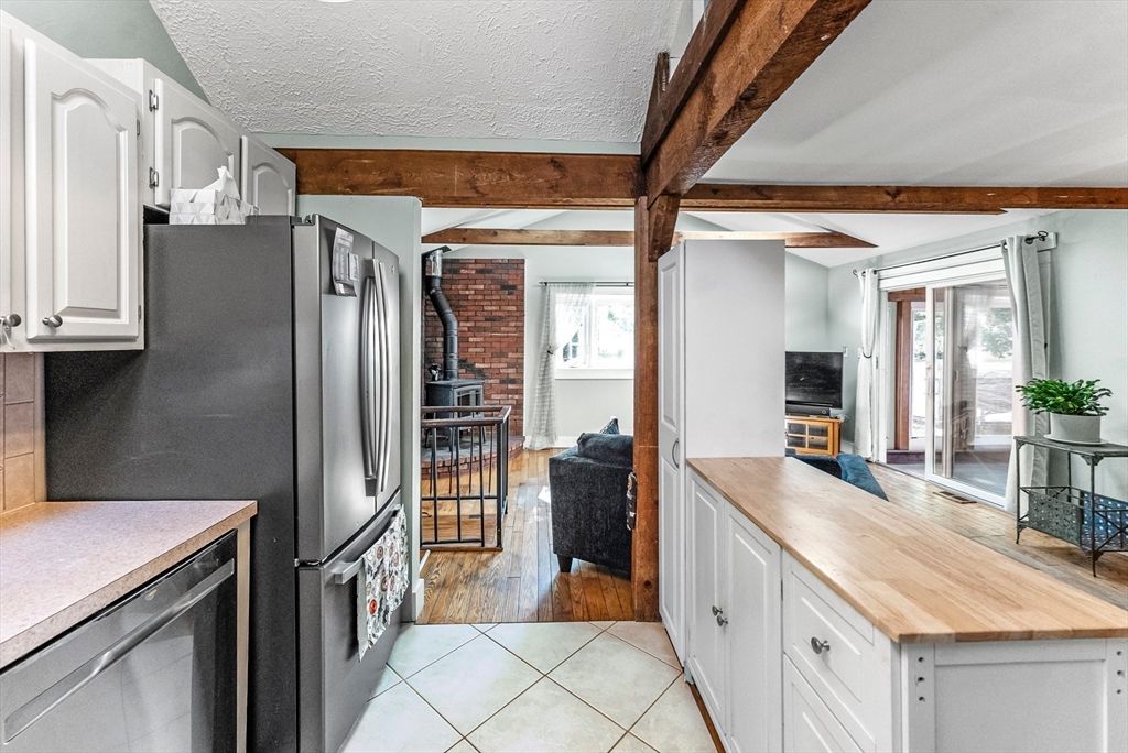 Fireplace, Interior, Kitchen, Stone Walls, Wooden Beams, Wood Texture Flooring