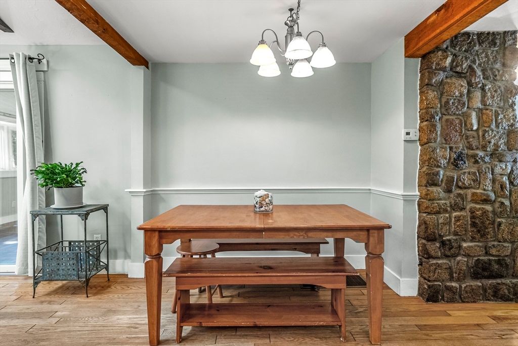 Chandelier, Dining room, Interior, Stone Walls, Wood Texture Flooring