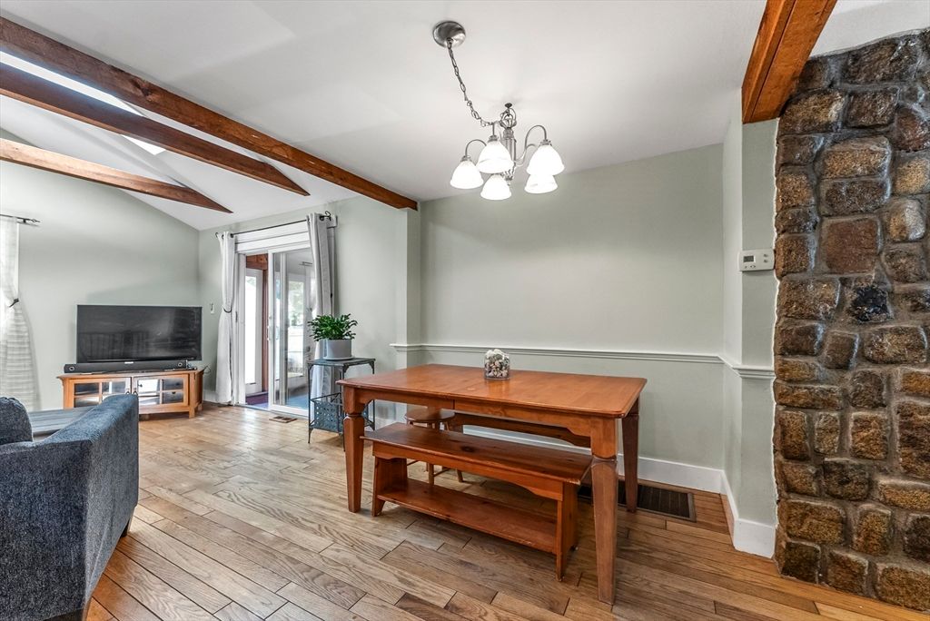 Chandelier, Dining room, Interior, Stone Walls, Wooden Beams, Wood Texture Flooring